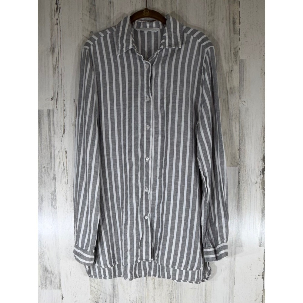Crown Linen Designs Button Down Shirt Large Gray White Striped Coastal‎ Ukraine
